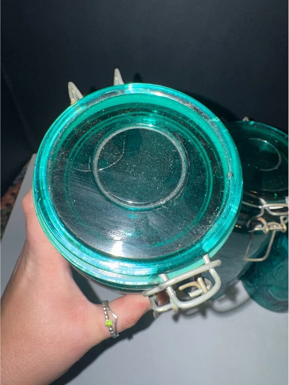 Vtg Mcm Emerald Green Fruit, Grape Design Glass Canister Set Wire Bail Lids 3pc